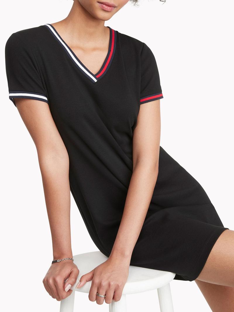 Női Tommy Hilfiger Essential V-Neck Dresses Fekete | HU 81PJJ